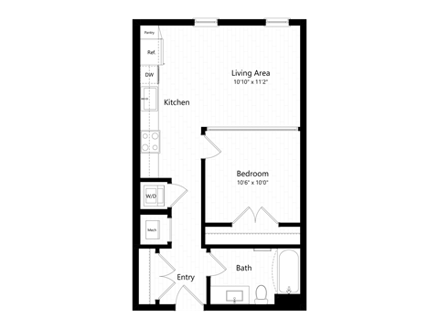Floor plan for 1 bed, 1 bath, 592 sqft
